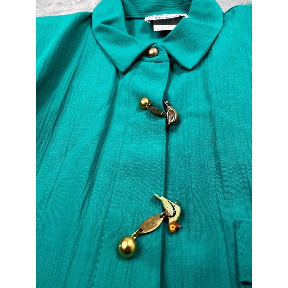 Vintage Niki Danielle Dress Women 14 Turquoise Shirt Dress Bird Brooch USA Made - Picture 9 of 10